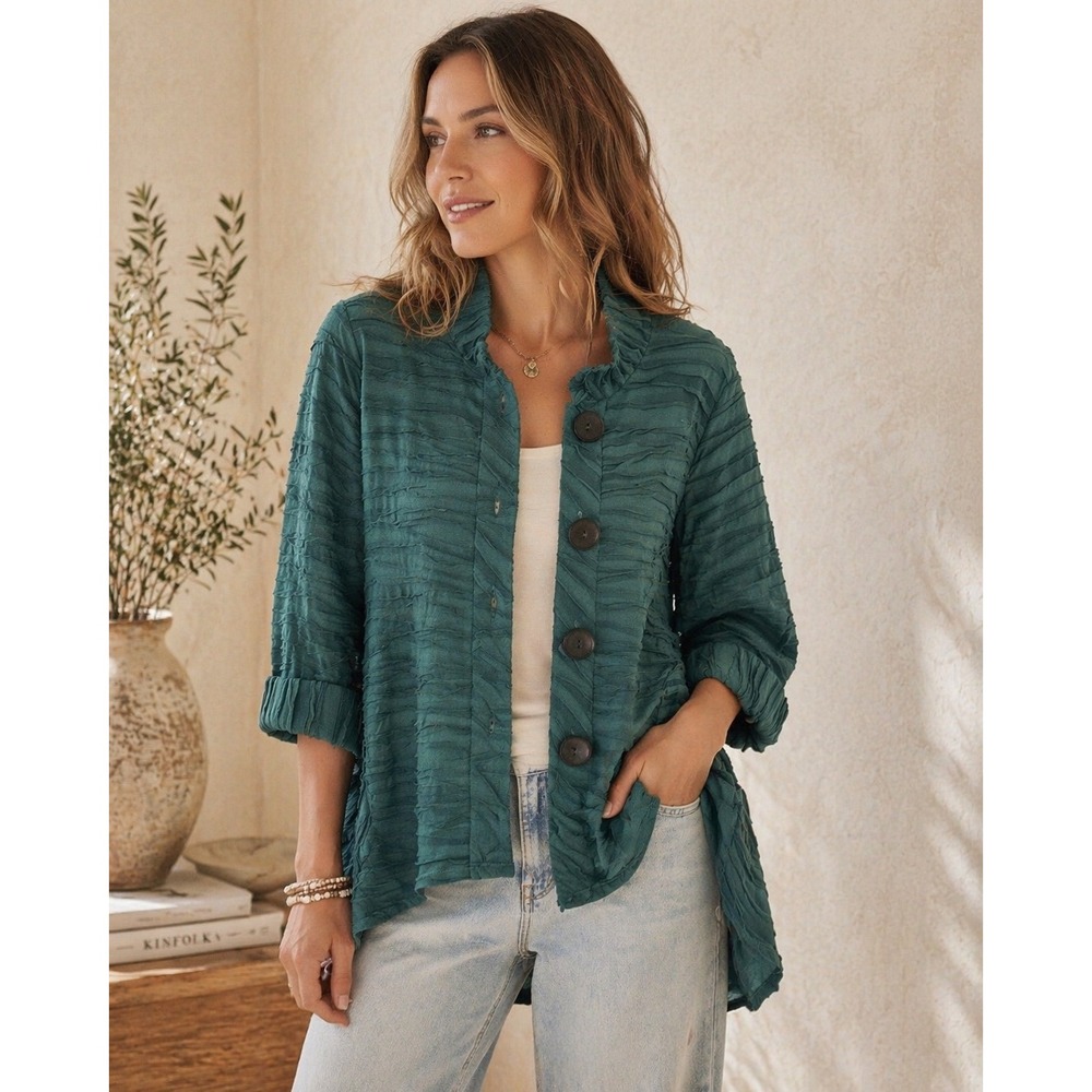 IC by Connie K Green Textured Tunic Top Womens M Button Front Lagenlook